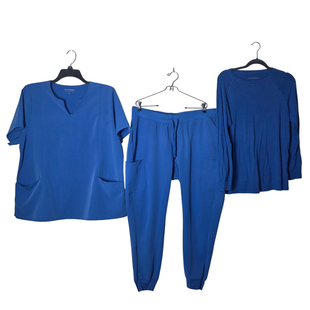 Mandala Scrubs Set Royal Blue V-Neck Top 2XL Jogger Pants XL Long Sleeve XL